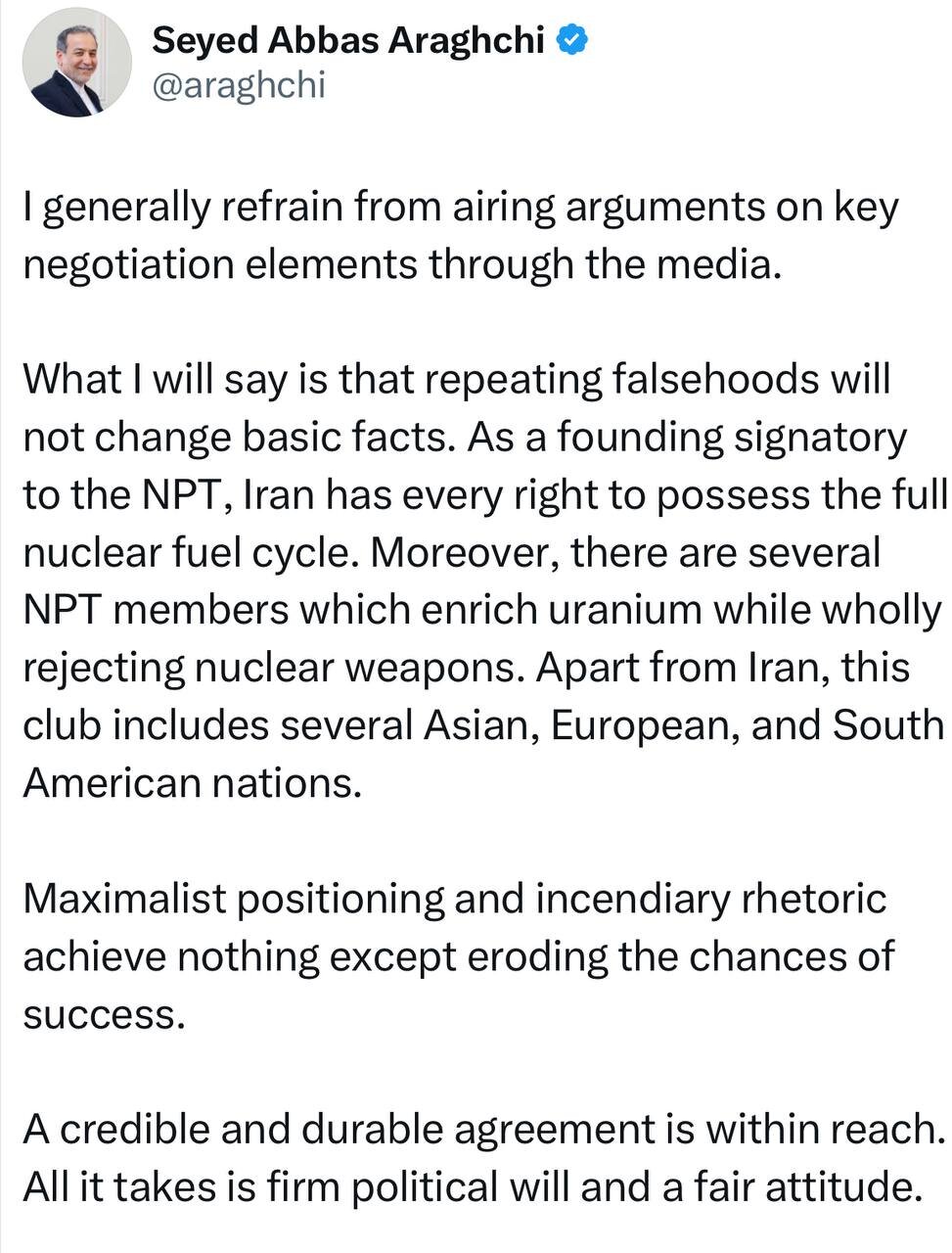 عراقچی: تکرار دروغ‌ واقعیت‌های بنیادین را تغییر نمی‌دهد/ یک توافق معتبر و پایدار در دسترس است